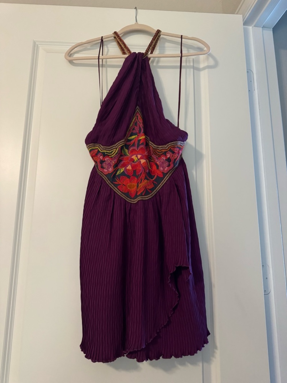 Free People Purple Halter Dress with Colorful Embroidered Front Panel - Picture 2 of 8